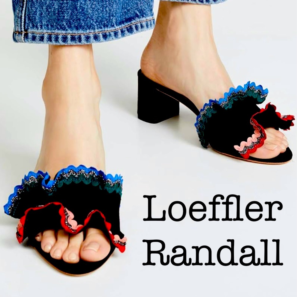 Loeffler Randall Vera Black Suede Ruffle Heeled Mules Size 10
